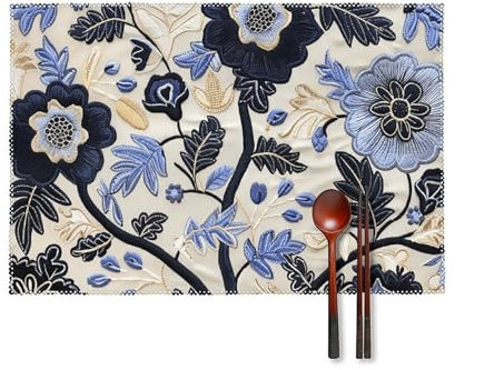 Placemats Set of 4,Black Floral Embroidery Printed Paper Placemats,Dinner Plate Mat,Water Proofing Wipeable Placemats,Perfect for Indoor and Outdoor Use