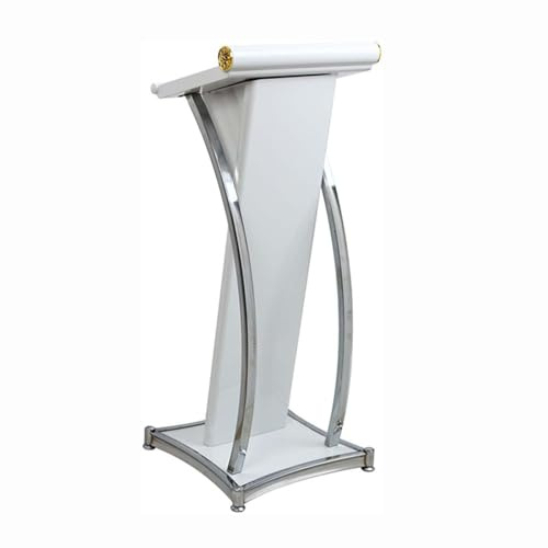 NEYTIIR Curved Metal Lectern, Floor Standing Speaking Podium, Stand Up Church Pulpit, Stainless Steel Conference Podium Stand, Campus Ideal For Presentations, For Company Office Schoo(Color:White)