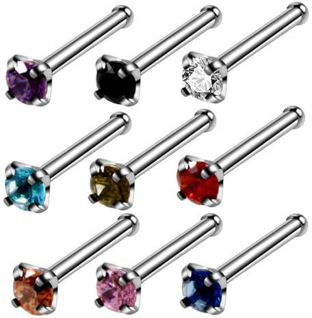 Tolldek 9 Stücke Edelstahl Piercing Nasenstecker, Silber 20G Stud Nase Piercing Ring Mond, Tragus Piercing mit Zirkonia Bunt, Piercing Schmuck für Herren Damen