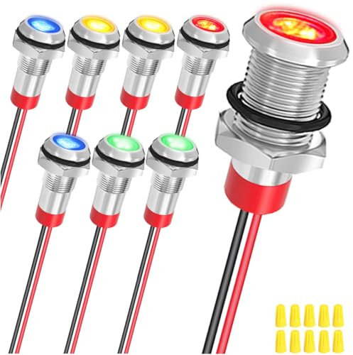 MKBKLLJY 8Pcs 8mm DC 12-24V Red/Yellow/Blue/Green LED Metal Indicator Light Waterproof Signal Lamp with 150mm Cable Length Metal LED Indicator Light and Wiring Cap for Car Interior Trucks Boats