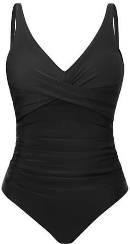 CMTOP Women's One-Piece Swimsuits V Neck Halter Swimming Costume Women Tummy Control Swimwear, Ruched Bathing Suit, Padded Push-Up Ladies Swimsuit for Beach,Pool,Spas