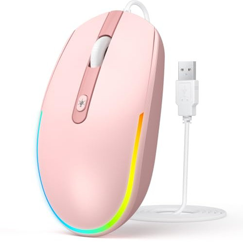 Seenda Wired Mouse, LED RGB Backlit Mouse with 1.5m USB Cable, 1600 DPI Silent Ergonomic Portable Computer Laptop Corded Mice for All USB Enabled Devices - Pink