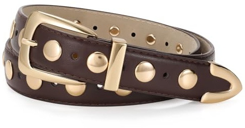 JasGood Cintura in pelle da donna con fibbia dorata, cintura vintage punk rock, cintura alla moda con borchie per jeans e uso quotidiano, caffè, 110cm: Für Größe 78cm-92cm