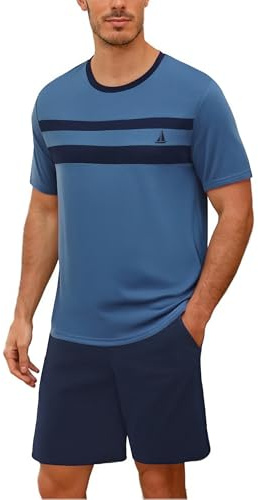 Marvmys Pyjama Court Homme Coton Été Ensemble De Couleurs Contrastées Col Rond Hauts à Manches Courtes Et Short avec Poche S-3XL