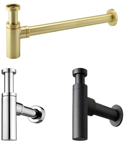 Minimalist Round Bottle Trap Waste 32mm UK Standard Adjustable Height Sink Urinal Pipe (Brushed Brass)