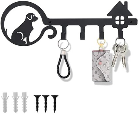 CONGGUAN Wall-Mounted Key Hooks Metal Key Holder Black Key Hooks Organizer 4-Hook Decorative Key Holder for Entryway Kitchen and Room Dog & House Design