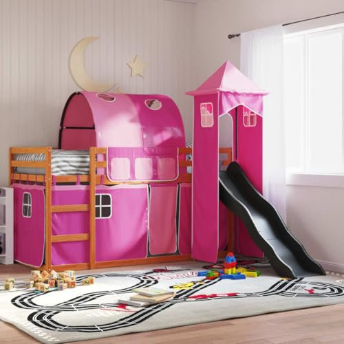 GCHDHAPB Home-Letti & Accessori, Letti & Telai, Letto a Castello Senza Materasso con Scivolo e Tende Rosa 90x200 cm