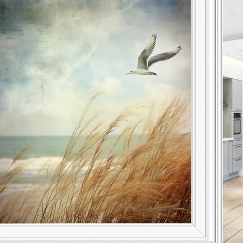 Zeitgenössische Sichtschutzfolie mit Möwe, Wildgrasland, Küsten, Seevögel, Milchglas, Fensterfolie, dekorativ, statisch haftend, für Glas für Zuhause, 60 x 90 cm