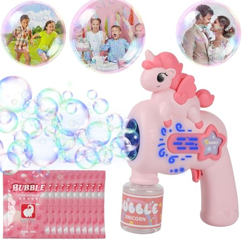 Taozoey Pistolas de Burbujas para Niños, Unicornios Maquina de Burbujas Luz LED, Máquina Burbujas de Jabon Niños con Solución de Burbujas y Pilas, para Fiestas, Bodas, Exteriores