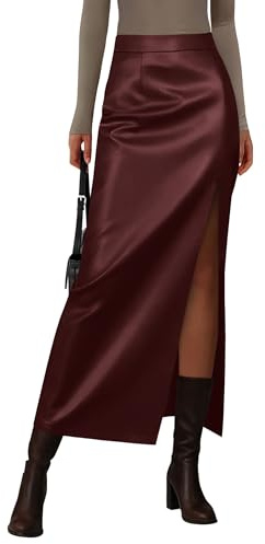 PRETTYGARDEN Womens Faux Leather Skirts 2026 Fall Fashion Bodycon High Waisted Slit Work Office Winter Maxi Long Pencil Skirt (Dark Burgundy,Medium)