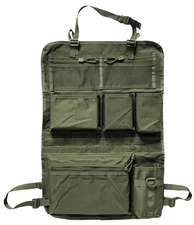 Taktischer Autositz Organizer - 42x62cm taktische Sitzrücken-Organizer, mit 2 Netztaschen, 3 Taschen, 1 Reißverschlusstasche, 1 Becherhalter & MOLLE-System- Ideal für Camping, Reisen (Armeegrün)