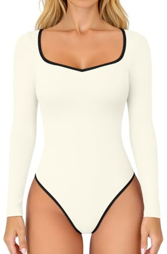 OQQ Women Bodysuit Contrast-Trim Square Neck Long Sleeve Stretch Bodysuit Tops Beige