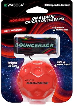 Waboba LED Bounceback Moon Ball with Wrist Strap – High-Bounce Tether Ball with Motion-Activated Lights – Improves Hand-Eye Coordination – Adjustable for Kids & Adults – Red