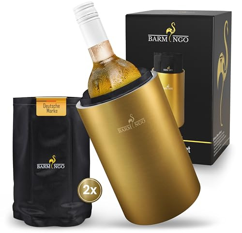 BARMINGO Weinkühler Edelstahl mit Kühlakkus – Getränkekühler & Flaschenkühler für Wein, Sekt, Champagner | Sektkühler doppelwandig mit Kühlmanschetten | Wine Cooler/Wein Kühler, Gold
