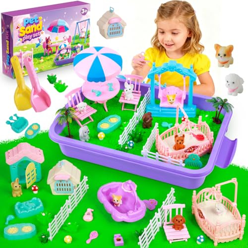 twoonto Pet Sensory Bin, Dog Sandbox Toys Kit with 1.1lbs Sand, Pet Care Sand Set, Sensory Play for Kids Age 3 4 5 6 7, Role Pretend Play Beach Toy for Xmas Birthday Gifts