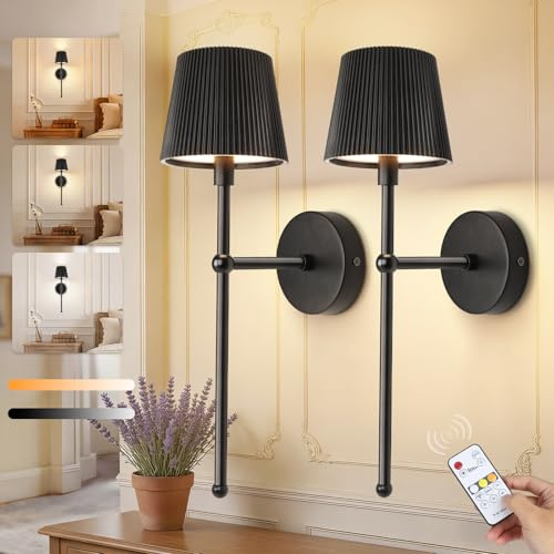 Ketom 2 Stück Wandleuchte Innen Akku Schwarz, Modern Wandlampe Innen LED | Wandleuchte Ohne Stromanschluss mit Fernbedienung und Timer, 3 Farbtemperaturen, Dimmbar, für Wohnzimmer, Schlafzimmer