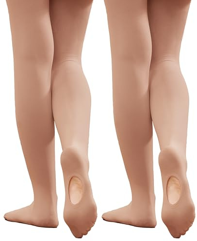 Hiltzo Girls Ballet Convertible Tights, Ultra Soft Transition Tights, 2 Pairs Dance Stockings for Ballet Gymnastics School（2Pairs Suntan, 8-10 Years）