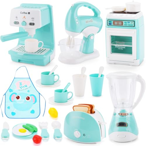 IGUGI Accesorios Cocina Juguetes,Electrodomesticos Cocina Juguetes,Conjunto de Utensilios de Cocina Infantil,Cafetera Batidora Tostadora con Luces y Sonidos Realistas,Juego de Roles para Niños Niñas