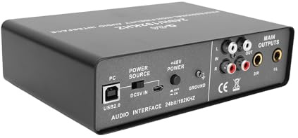 Interfaz de audio para PC, Interfaz de sonido Tarjeta de sonido de grabación, Entrada de interfaz de audio USB XLR TRS Power Loop Back 192 KHz 24 bits para guitarrista, vocalista,