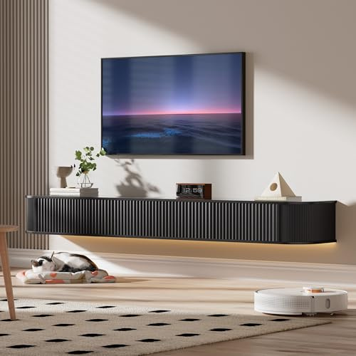 PURFINO Schwebender TV Schrank mit RGB-LED-Leuchten – 180CM Wandmontierter Fernsehschrank Weiss mit 31cm Tiefe und Verbessertem Stauraum, Moderne TV Unterschrank für 65-75 Zoll Fernseher