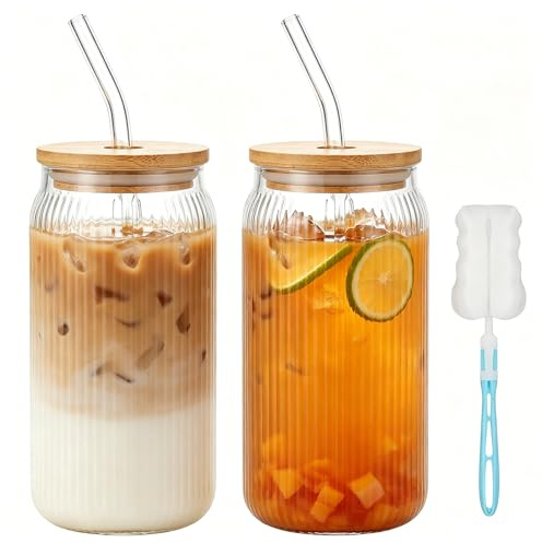 TW1TGOFT 2Pcs Glass Cups with Lids & Straws - Clear 500ML Iced Coffee Cup Ribbed Matcha Glass Cups Matcha Glasses with Straws Brush & Cup Brush for Ice Coffee Juice Drink Milk Tea (Cup Brush)
