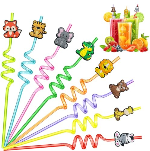 8 Pcs Cannucce Riutilizzabili Bambini, Cannuccia Riutilizzabile, Cartoon Cannucce Plastica,Straw a Spirale Colorate per Cocktail Bubble Tea, Accessori per Compleanno Feste, per Bambini Adulti