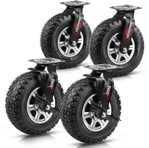 Set di 4 ruote girevoli a 360° con freno e 2 ruote girevoli, ruote pneumatiche per carrelli pesanti, diametro 250 x 90 mm, pneumatici silenziosi, ruote in lega di alluminio, per carrelli, carrelli