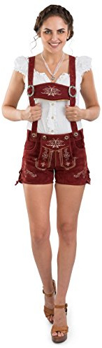 Damer bergrose läderbyxor korta – folkdräktsläderbyxor dam Oktoberfest hotpants, röd, 38