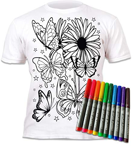 Splat Planet Butterflies T-Shirt Magisches T-Shirt zum Ausmalen mit 10 ungiftigen, waschbaren Zauberstiften – Färben Sie Ihr, nue färben & waschen