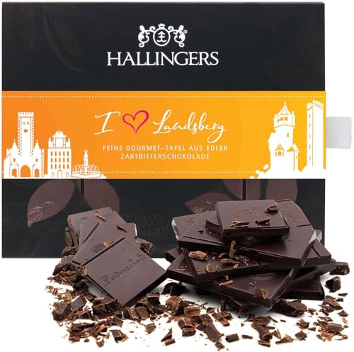 Hallingers Genuss Manufaktur Vegane Schokolade Geschenk - Tafel aus handgeschöpftem Edelkakao ohne Alkohol edler Karton I love Landsber... Pur 85%, Geschenkidee für Frauen Männer