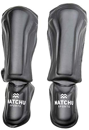 MATCHU - Kickboxing Schienbeinschoner - Schienbeinschoner - Inklusive Klettverschluss - Beinschoner - Für Kickboxen, MMA, UFC, Muay Thai - Größe M - Schaumstoff und Kunstleder - Schwarz