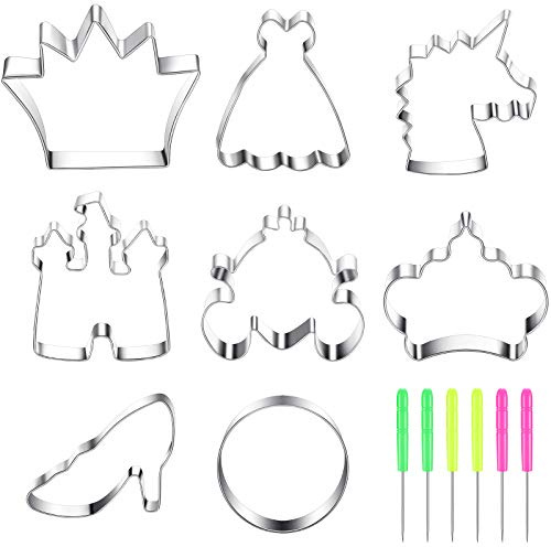 8 Pieces Princess Cookie Cutter Set with Crown, Dress, Castles, Unicorn Head Shapes Stainless Steel Fondant Biscuit Cutters and 6 Pieces Sugar Stirring Pins | Stainless Steel Set with Carriage, High Heel Shapes, 6 Sugar Pins for Fondant Biscuits, Glass Slipper Theme Party Baking