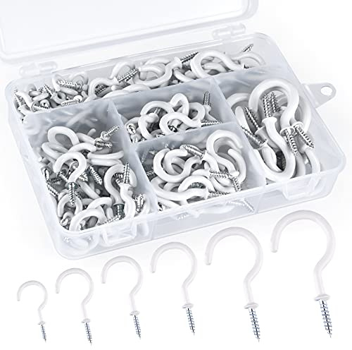 FEPITO 170 Stück Vinyl Schraubhaken,Hakenschrauben Deckenhaken Kit Schraubhaken Cup Haken beschichtet Cup Haken Mit Schutzhülle Aus Kunststoff,6 Größen (Weiß)