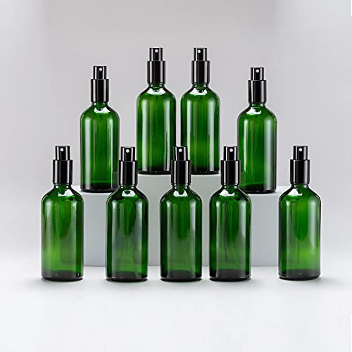 Yizhao Grön Sprayflaska Glas 100ml, med Liten Fin Dimma-spray, Metalllock, Påfyllningsbara för Eterisk Olja, Resa, Rengöring, Parfym, Aromaterapi, Mmakeup – 9 Stycken