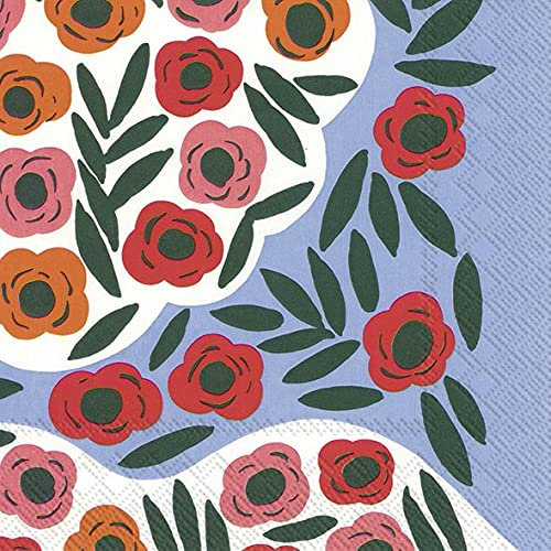 Marimekko RUUKKU Lot de 20 serviettes en papier 3 plis carrées 33 cm Bleu avec fleurs rouges roses et oranges