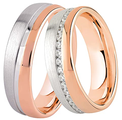 DOOSTI Damen Herren Ringe Set für Paare Bicolor 925 Sterling Silber Rosegold vergoldet als Partnerringe Freundschaftsringe Verlobungsring Mann Frau inkl. Gravur mit Namen (Ring ohne Zirkonia, 50)