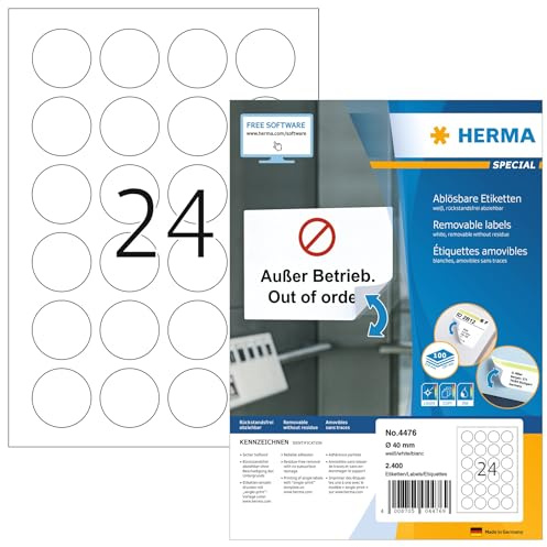HERMA 4476 Universal Etiketten ablösbar rund, 1400 Blatt, Ø 40 mm, 24 pro A4 Bogen, 33600 Stück, selbstklebend, bedruckbar, matt, blanko Papier Klebeetiketten Aufkleber, weiß