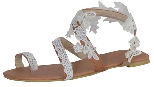 JosuE Sandalen Damen Weiß Zehentrenner Elegante Blumen-Perlen Pantoletten Slides Abendschuhe Flip Flops Pumps Flache Strandsandalen Flip Flops Klassischen Böhmischen Sommer Strand Schuhe