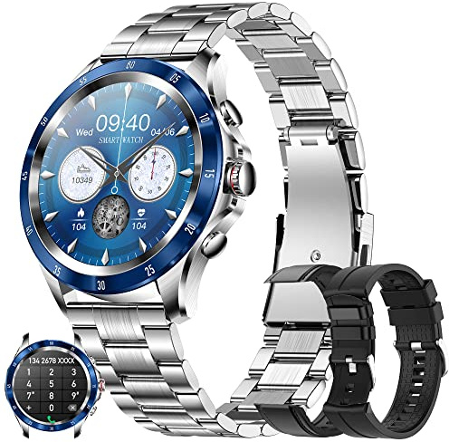 Smartwatch Uomo con Chiamate Bluetooth, 1,32'' Orologio da Polso Fitness Tracker, IP68 Impermeabile Cardiofrequenzimetro Contapassi Activity Tracker Smart Watch per Android IOS( Blu-Argento)