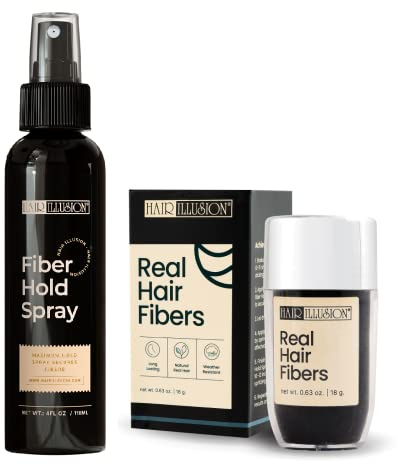 Hair Illusion Black Real Fibers and Holding Spray for Women & Men - Natural Texture, Non-Synthetic Cover Up for Thinning Hair and Bald Spots - 18 Gram