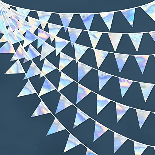 32Ft Iridescent Fabric Triangle Banner Flag Double Sided Metallic Holographic Pennant Bunting Garland for Christmas Birthday Anniversary Engagement Wedding Bridal Baby Shower Hen Party Decorations