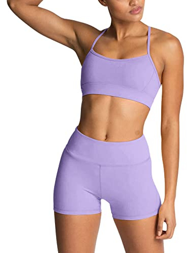 IDOPIP Sport Set Damen, Kreuz Rücken Yoga-BH & Hohe Taille Gym Shorts Workout Set Sport Outfit Fitness Set 2 Piece Trainingsanzüge Lila M