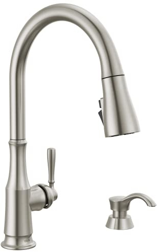 Delta Capertee Brushed Nickel Kitchen Faucet with Pull Down Sprayer and Soap Dispenser, Modern Single Hole Kitchen Sink Faucet, Single Handle, Spotshield Stainless 19877Z-SPSD-DST