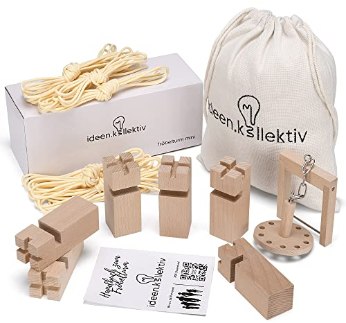 ideen.kollektiv Mini jeu de société en bois de hêtre pour jusqu'à 10 joueurs - Jeu de construction d'équipe pour enfants et adultes avec sac en tissu de qualité supérieure
