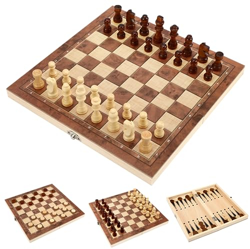 Miiepls Schachspiel Holz, 3 In 1 Schachbrett Hochwertig Schach, Klappbar Chess Board für Kinder Erwachsene, Tragbares Schachspiel Chess Set für Familie Party Reisen (29x29), 3-1GJXQ