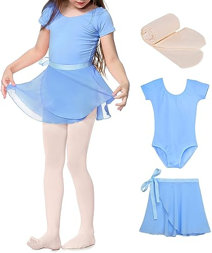 Durio Kinder Ballettkleidung Mädchen Ballettkleid Tanzkleid Mädchen Baumwolle Kurzarm Balletttrikot Mit Röcke und Leggings Hellblau 4-5 Jahre