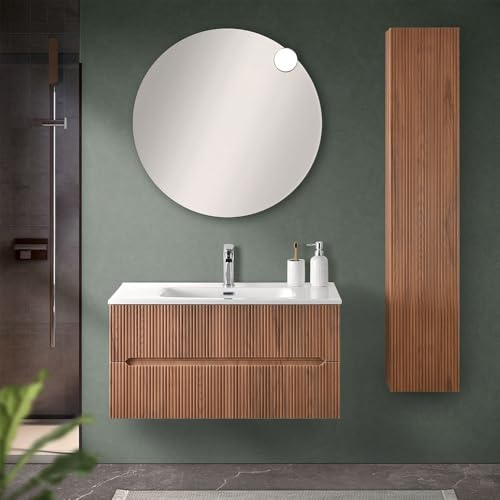 Inbagno Mobile bagno sospeso cannettato 90 cm noce canaletto con 2 cassetti soft-close, lavabo in ceramica BALI