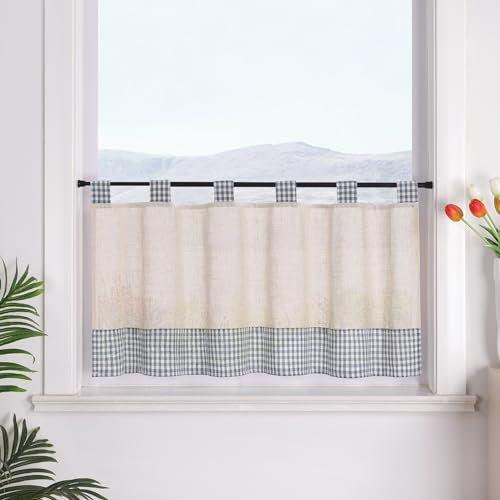 SCHOAL Scheibengardine mit Schlaufen Bistrogardine Küche Leinenoptik Fenstergardine Landhaus Kleinfenster Gardine Kariert HxB 45x90 cm Blau
