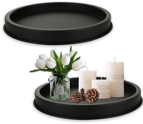 VIDETOL 2 Stück Deko Tablett, 29 cm Badezimmer Tablett, Dekorative Kerzen Tabletts, Metall Dekoteller und Dekotablett, Rundes Serviertablett Schwarz Matt für Zimmer, Bäder und Wohnzimmer Deko