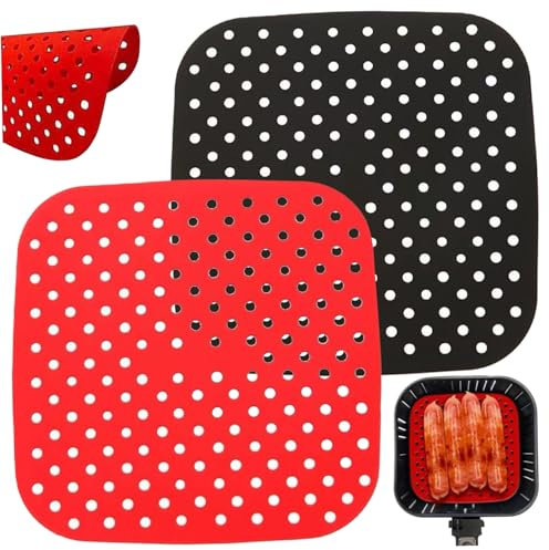 Jorzer Silikon Einlagen für Luftfritteuse 2 Stück antihaftbeschichtete Silikonmatte für Luftfritteuse 21x21 cm quadratisch perforiert Ersatz für Airfryer Pergamentpapier wiederverwendbar
